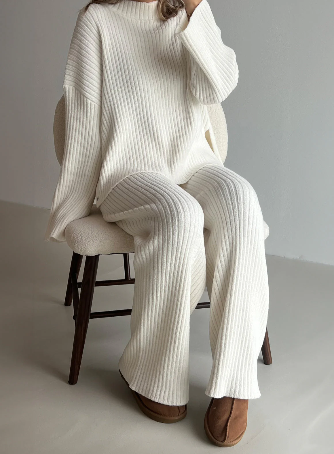 Almond White Rib Knit Pants - Image 2