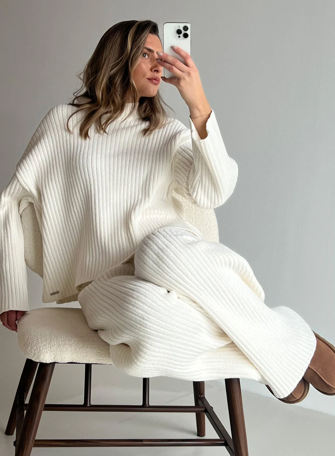 Almond White Rib Knit Sweater - Image 2
