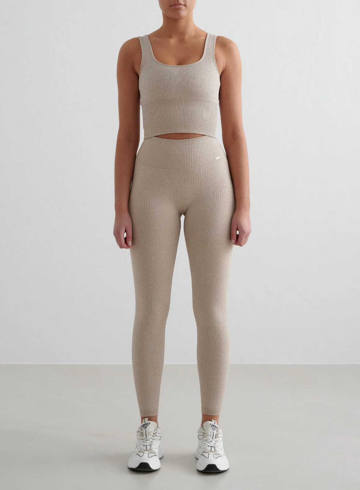 Beige Melange Ribbed Seamless Tights & Bralette Set