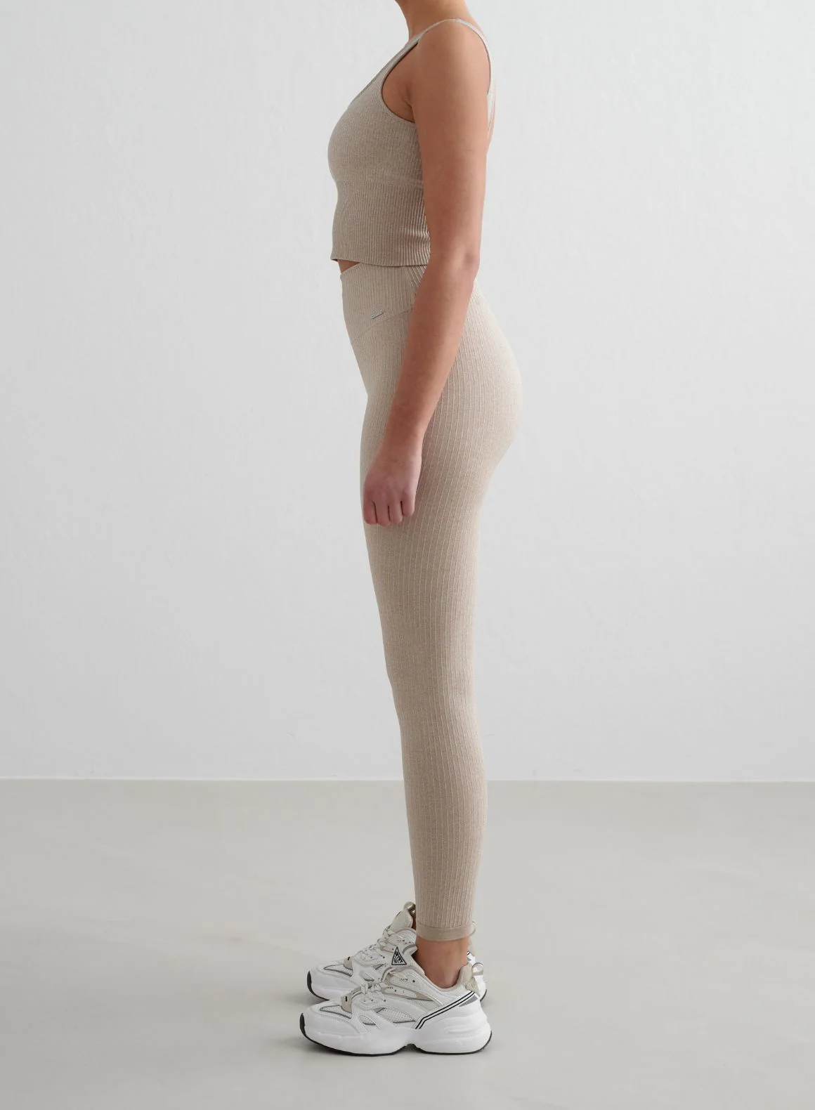 Beige Melange Ribbed Seamless Tights & Bralette Set - Image 3