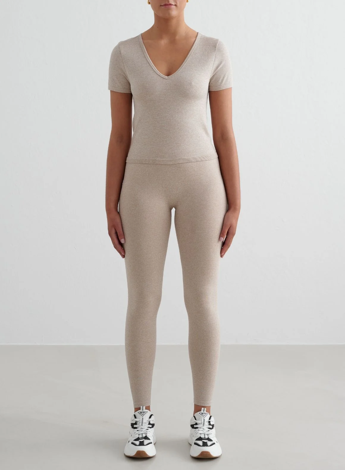 Beige Melange Shape Seamless Tights & Short Sleeve Set