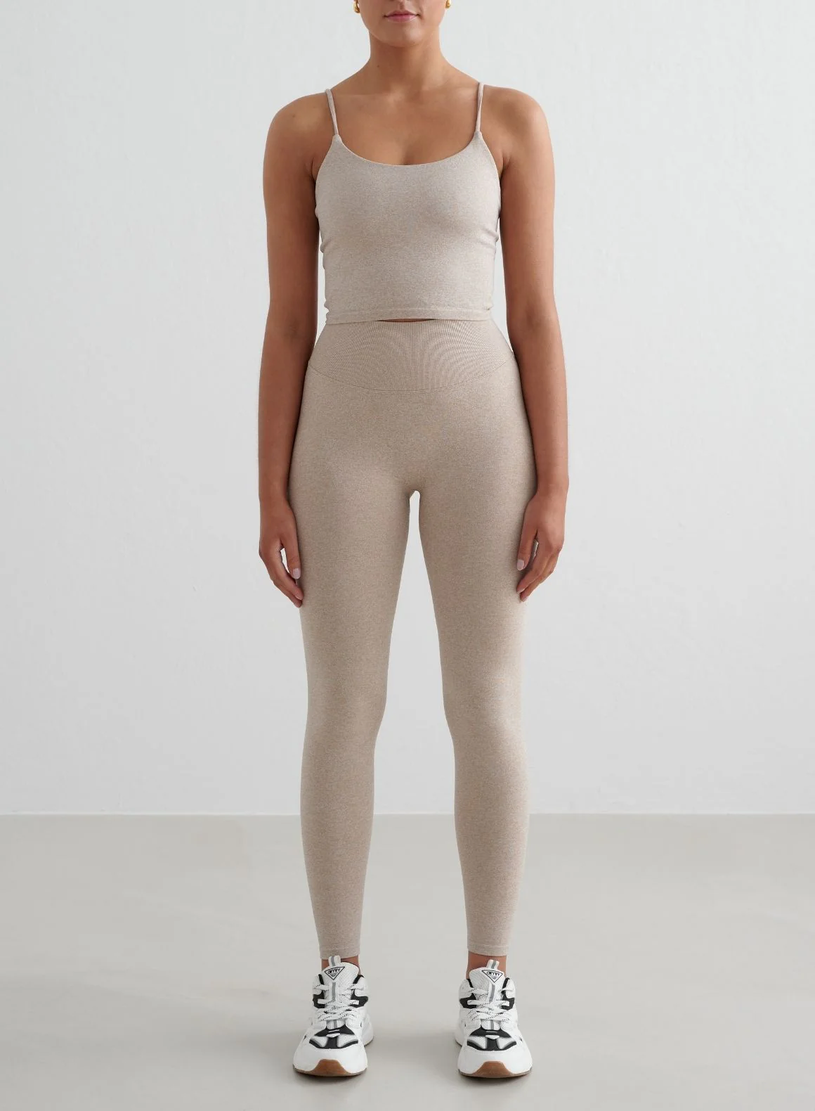 Beige Melange Shape Seamless Tights & Strap Singlet Set