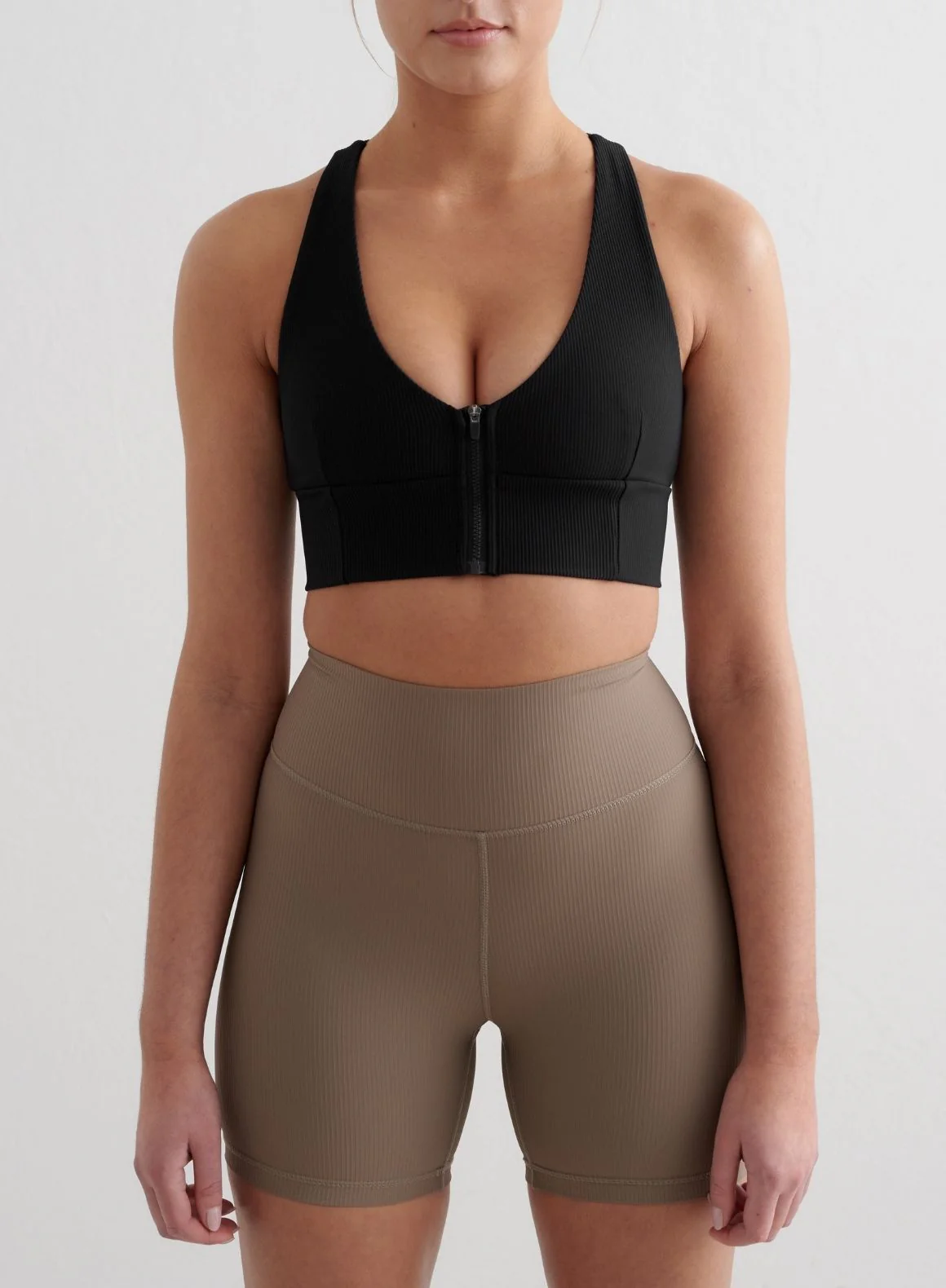 Black Ribbed Performance Zipped Bra - Image 2