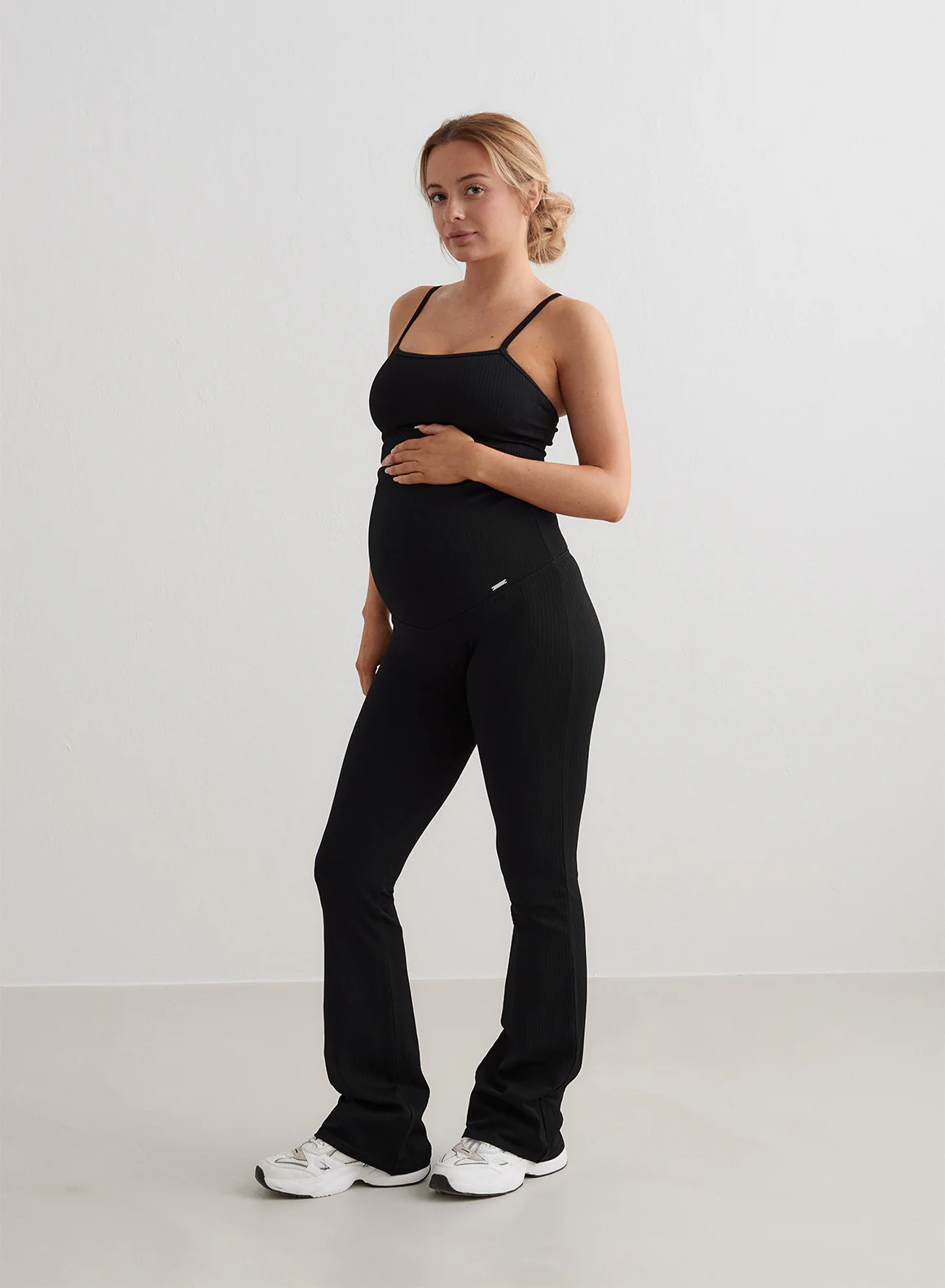 Black Ribbed Seamless Flare Maternity Tights - Image 5