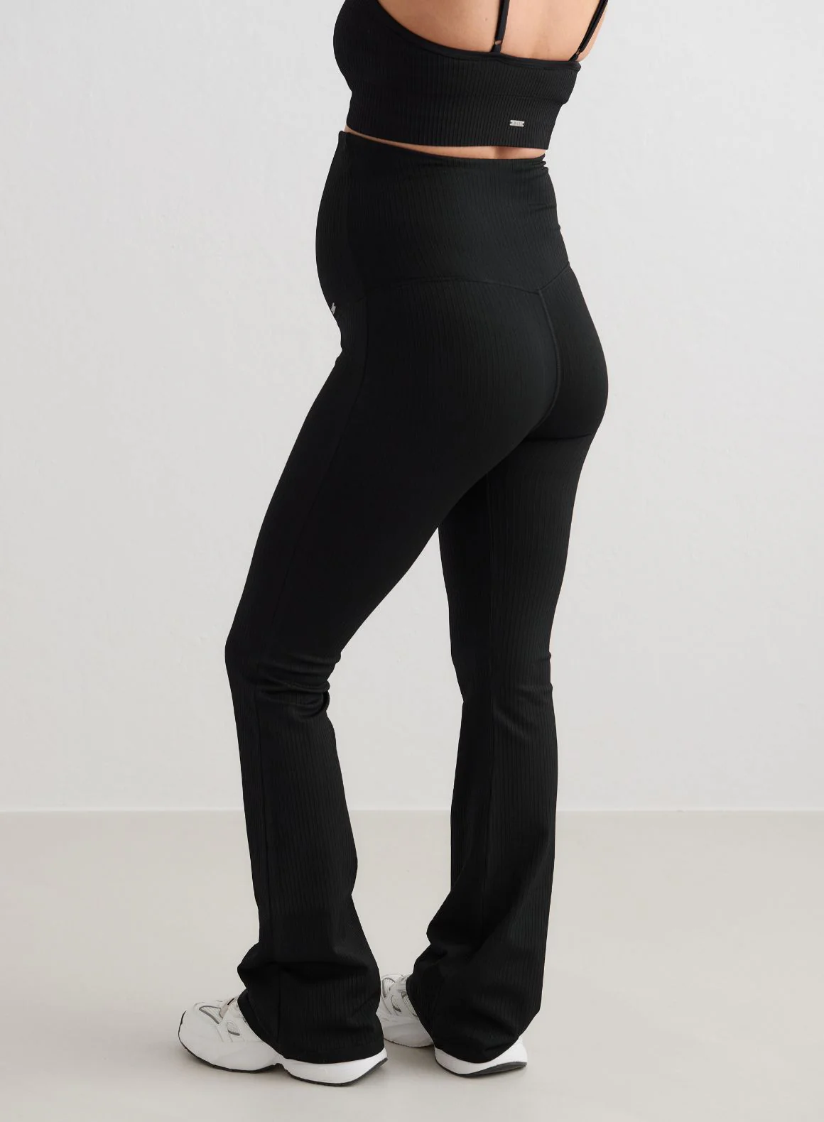 Black Ribbed Seamless Flare Maternity Tights - Image 6