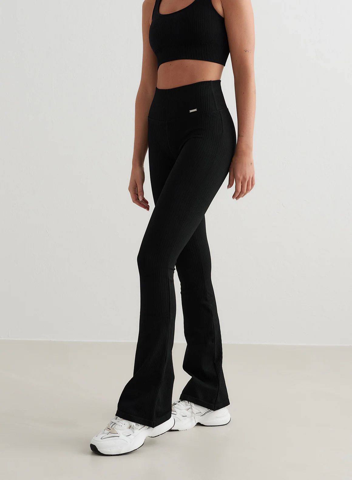 Black Ribbed Seamless Flare Tights - Image 37