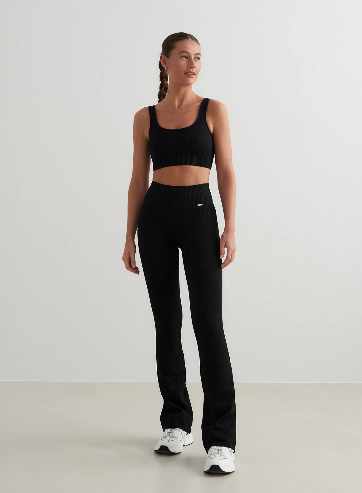 Black Ribbed Seamless Flare Tights - Image 44