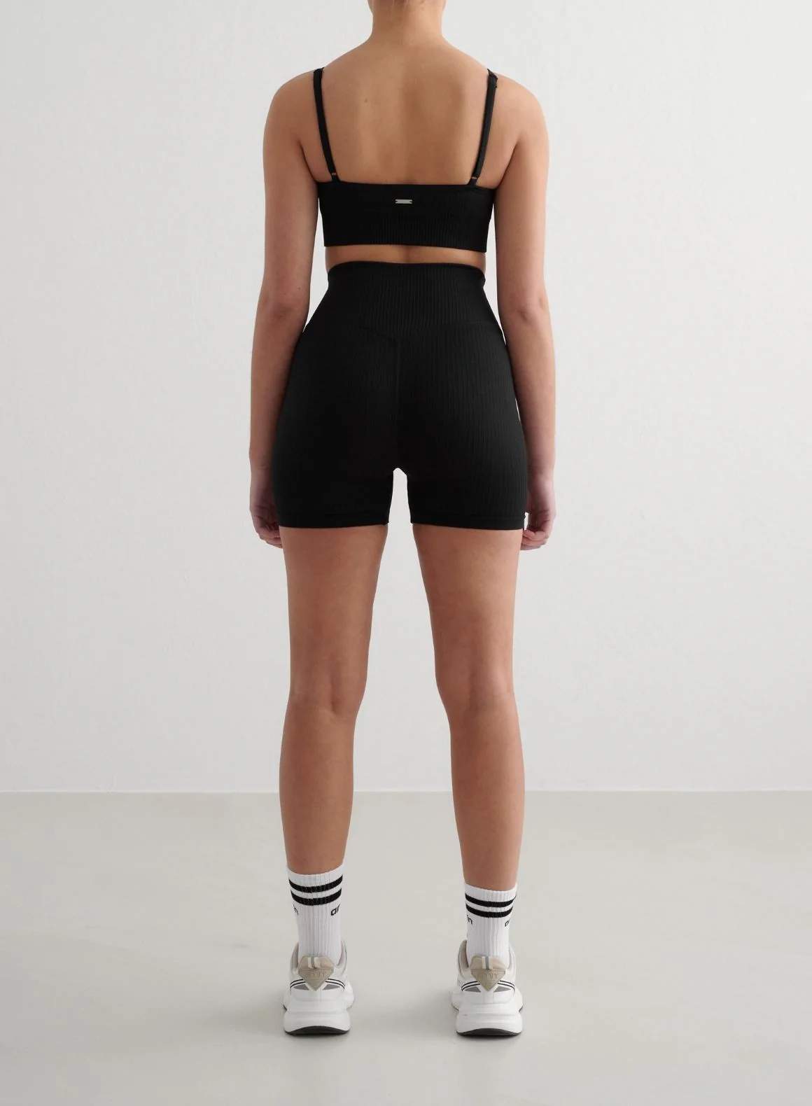 Black Ribbed Seamless Midi Biker Shorts & Deep Cut Bra Set - Image 2