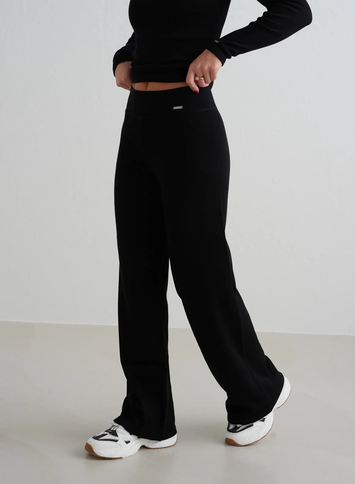 Black Ribbed Wool Petite Wide Pants - Image 5