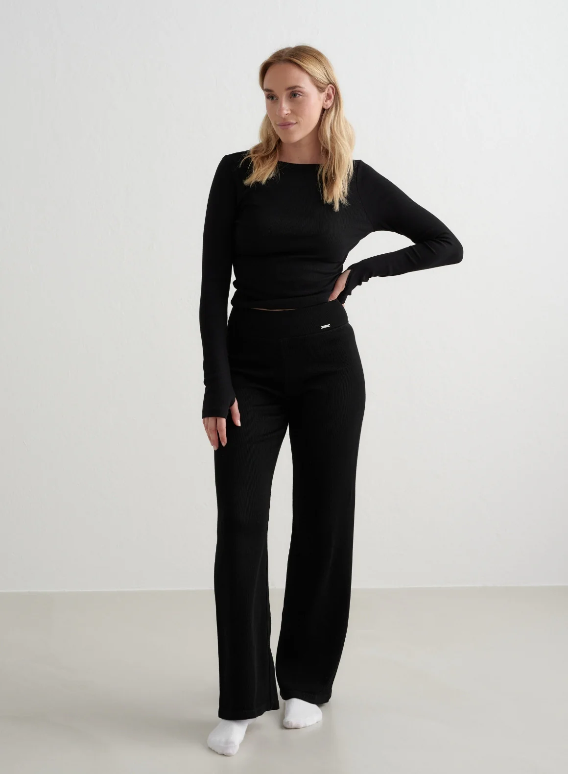 Black Ribbed Wool Wide Pants - Image 6