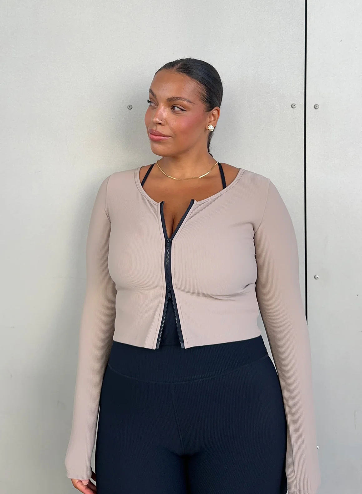 Dark Clay Ribbed Performance Zipped Cardigan - Image 6