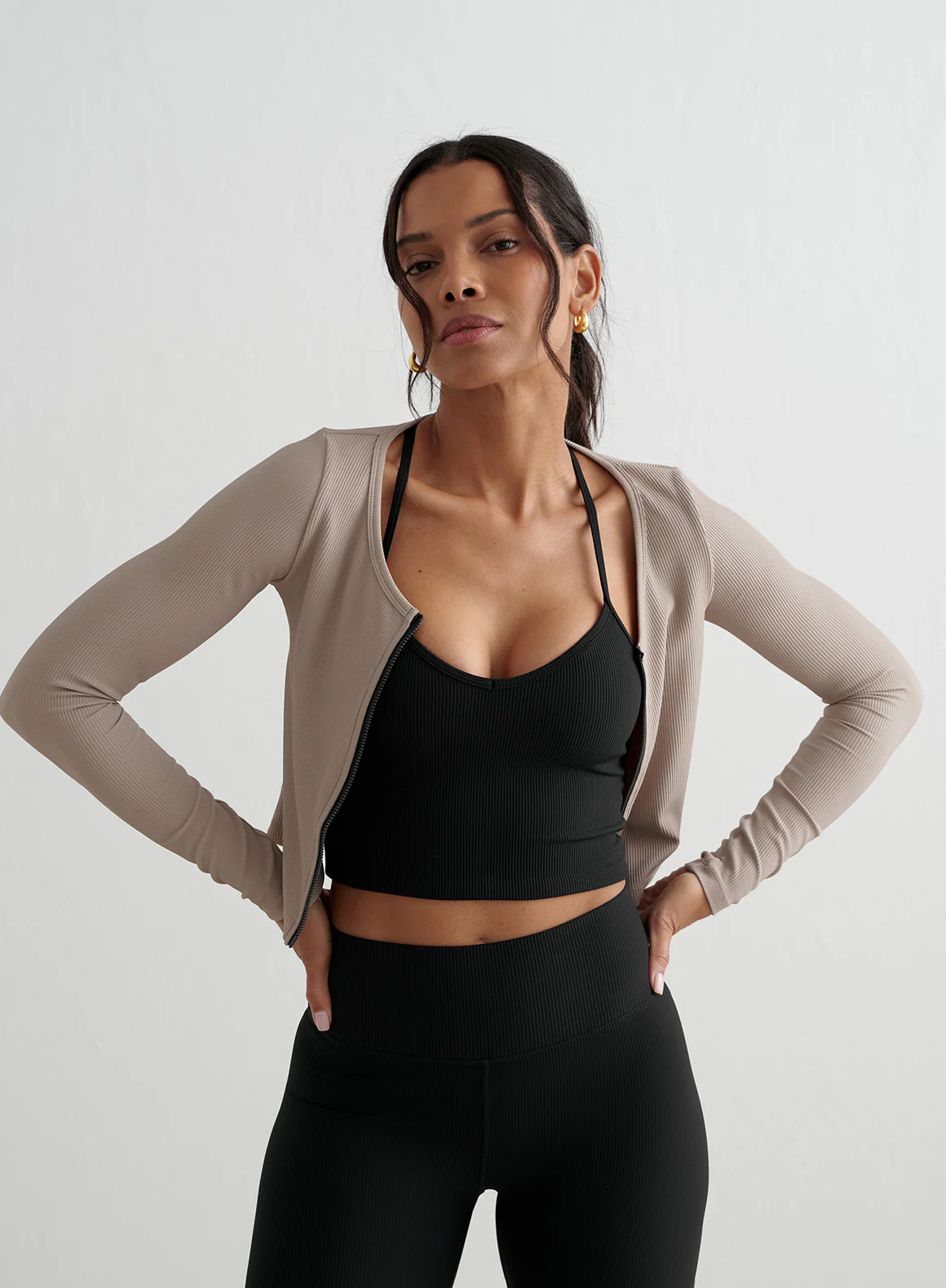 Dark Clay Ribbed Performance Zipped Cardigan - Image 8