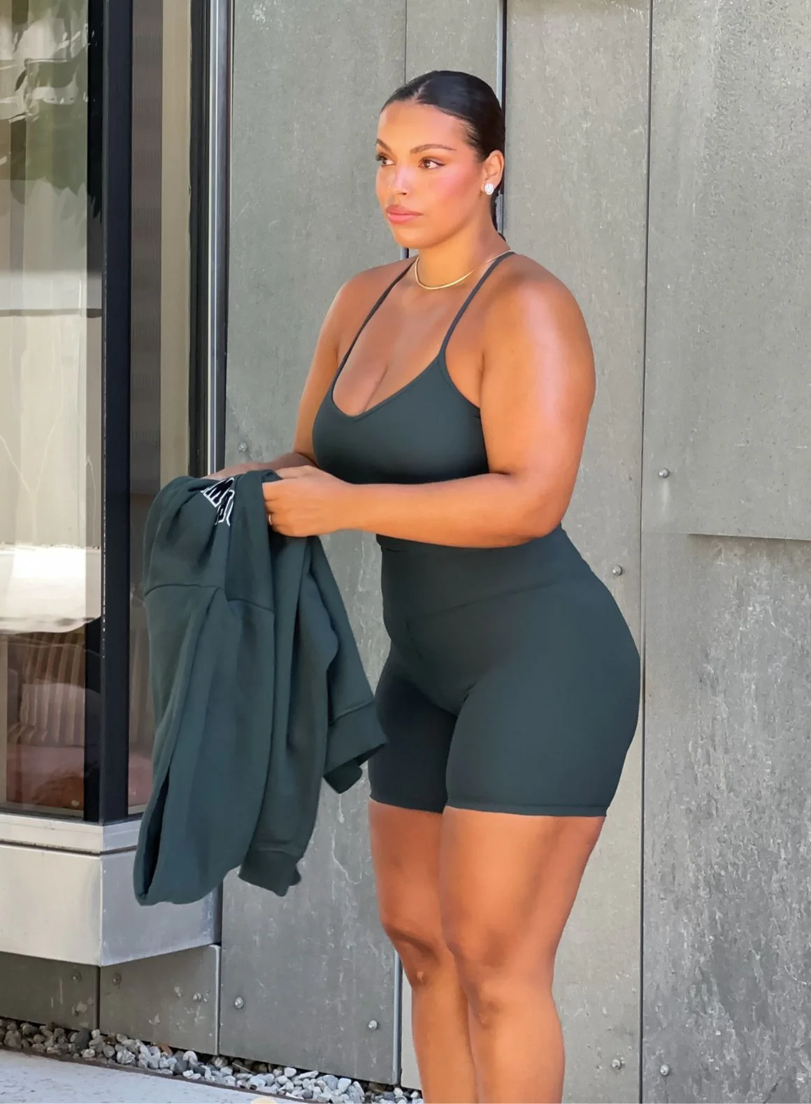 Deep Emerald Ribbed Performance Midi Biker Shorts - Image 2
