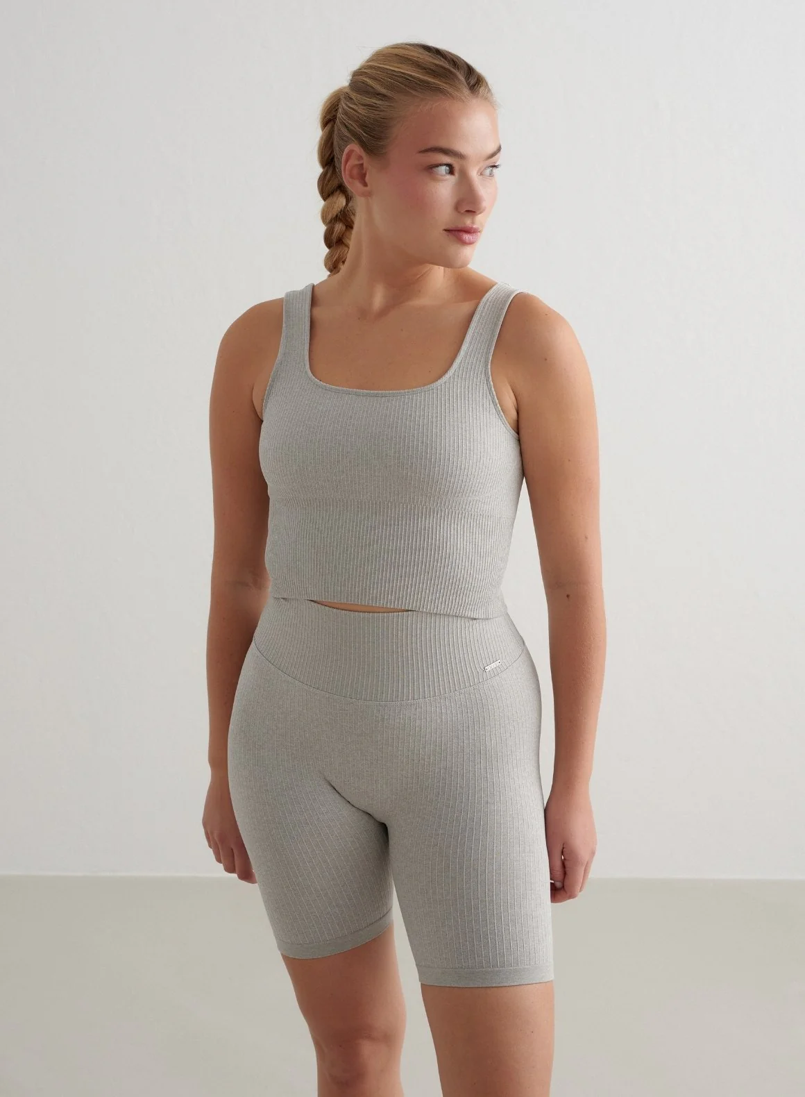Grey Melange Ribbed Seamless Biker Shorts - Image 3