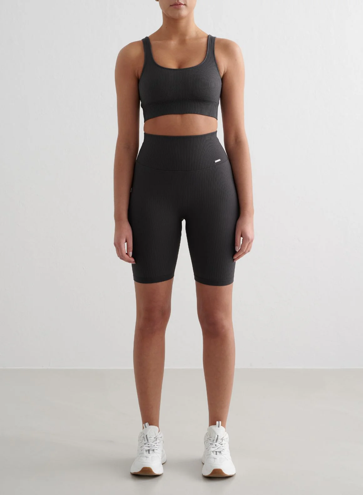 Shadow Grey Ribbed Seamless Biker Shorts & Bra Set